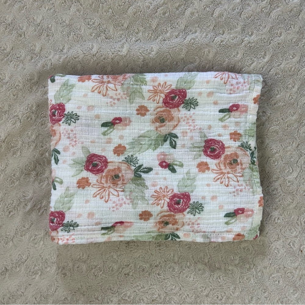 Modern Baby Floral Swaddle Blanket Flower Peach Orange Green White Muslin